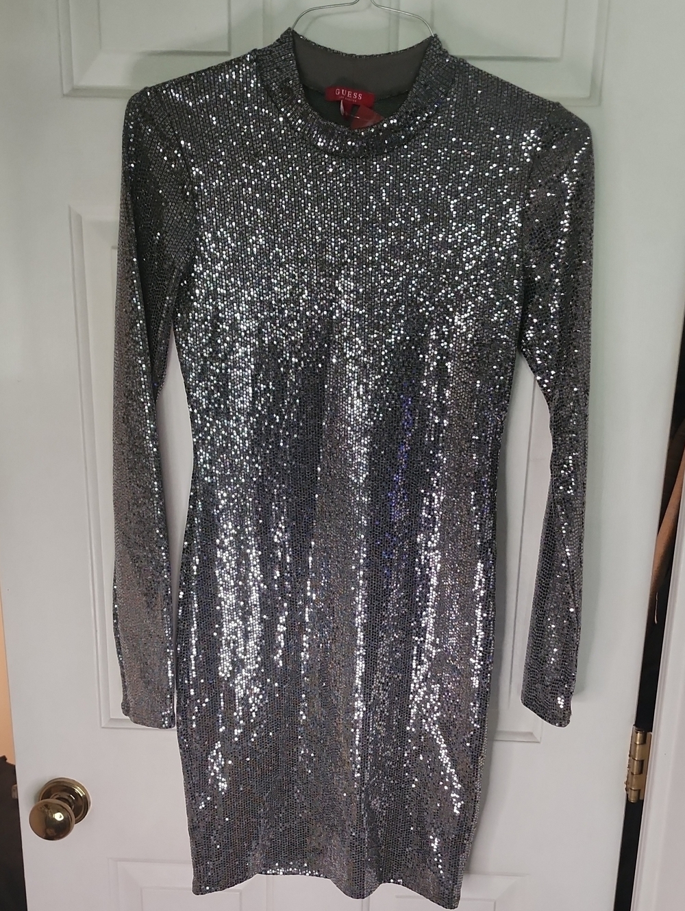 Guess Silver Sequin Long-Sleeve Mini Dress